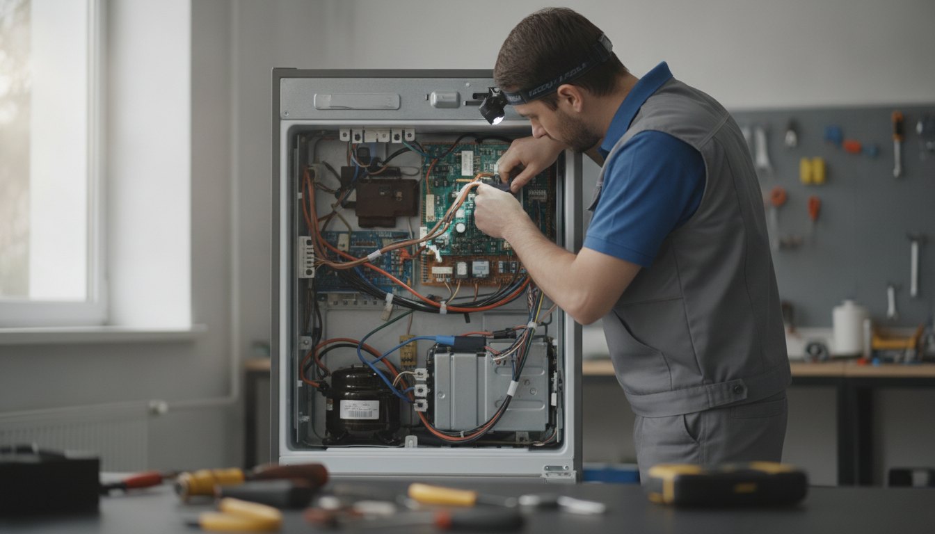 Profissional com uniforme de trabalho inspecionando o painel elétrico de um refrigerador doméstico