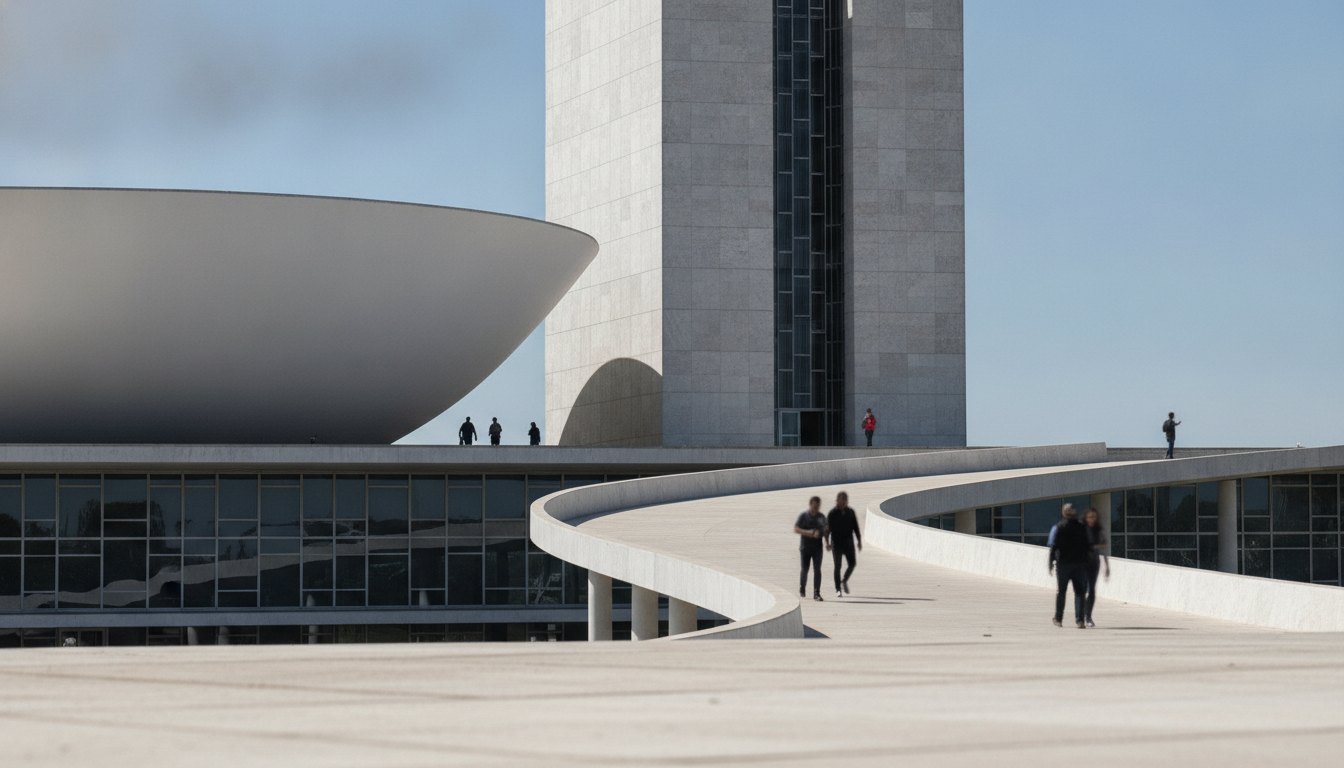 Fachada do Congresso Nacional com pessoas caminhando na rampa principal em um dia ensolarado.