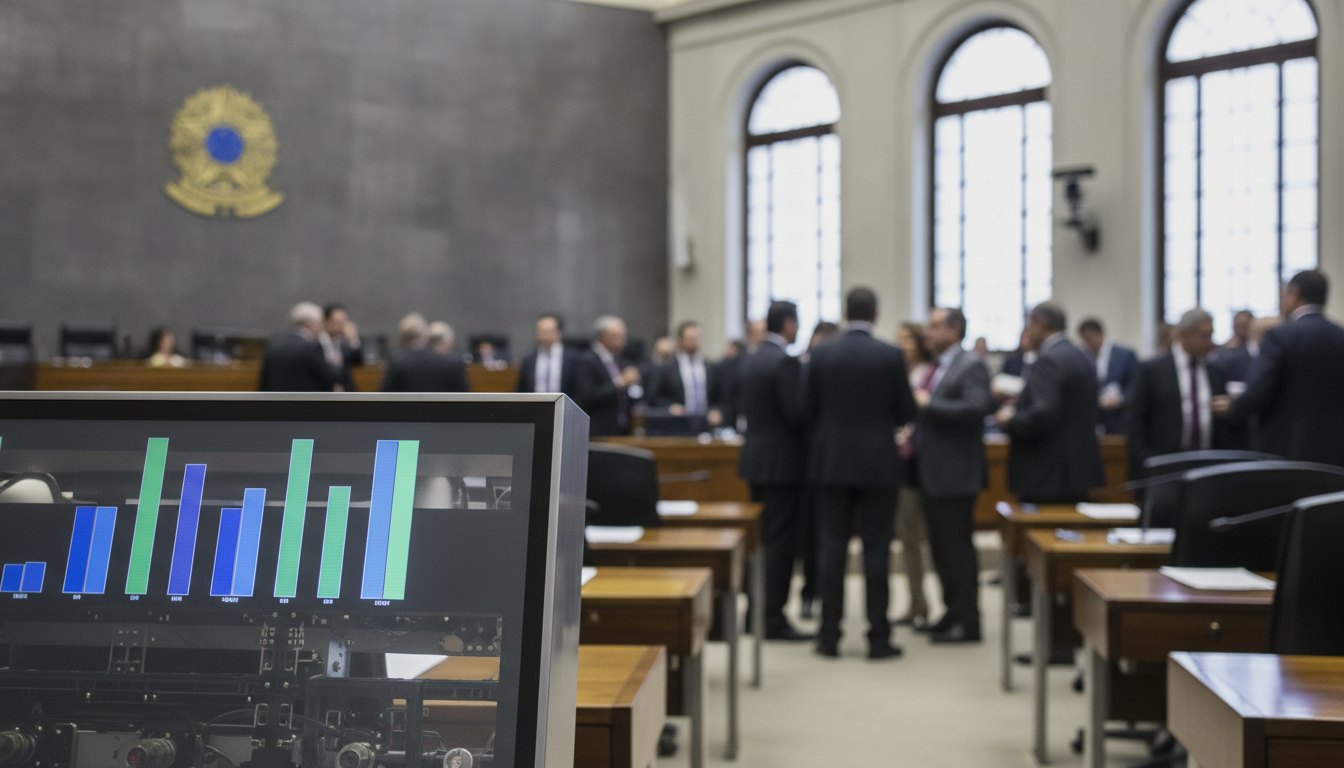 painel eletrônico de votação no plenário com parlamentares conversando ao fundo