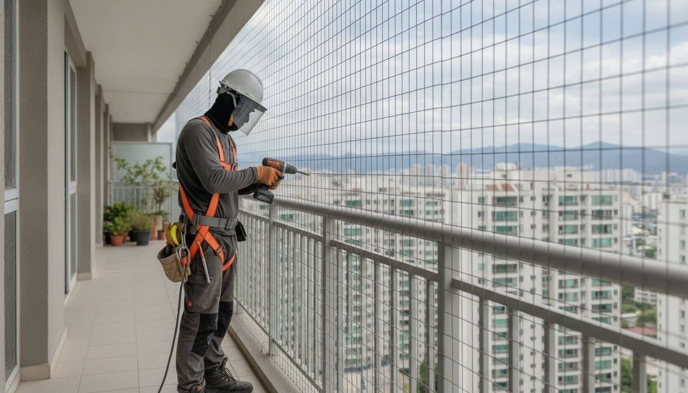 Trabalhador com equipamento de segurança instalando tela de proteção na varanda de um apartamento.