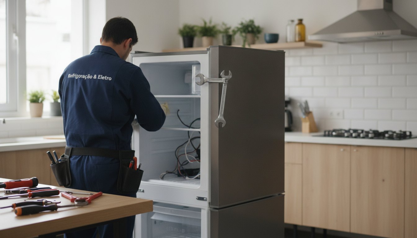 Técnico de costas com ferramentas consertando um refrigerador aberto em uma cozinha clara