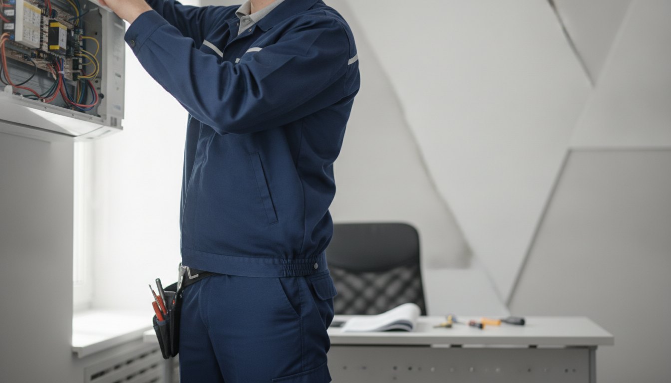 Técnico de refrigeração uniformizado consertando o painel elétrico de um ar-condicionado na parede de uma sala.