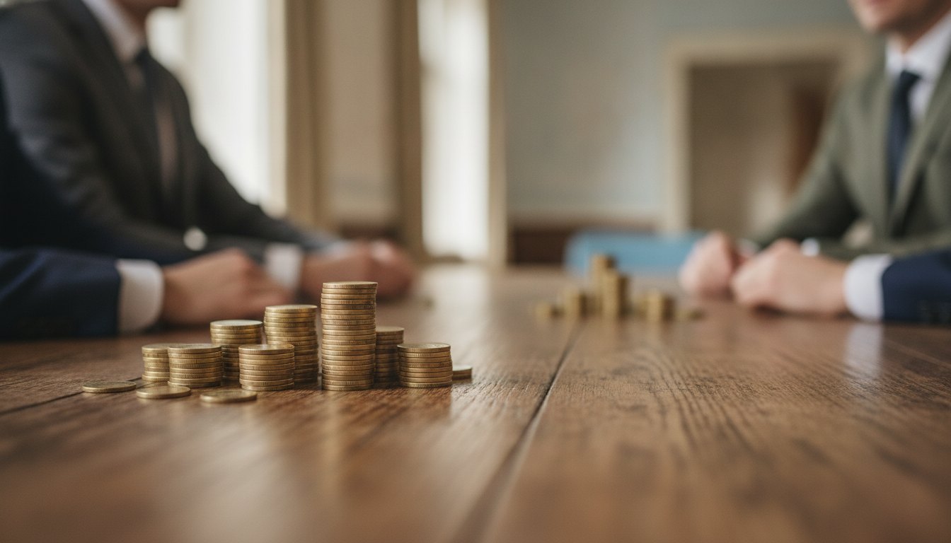 Mãos de pessoas de terno organizando pilhas de moedas sobre uma grande mesa de madeira.