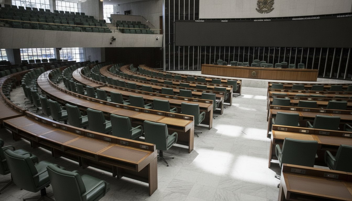 Plenário do Congresso Nacional vazio com poltronas verdes e painel eletrônico de votação ao fundo