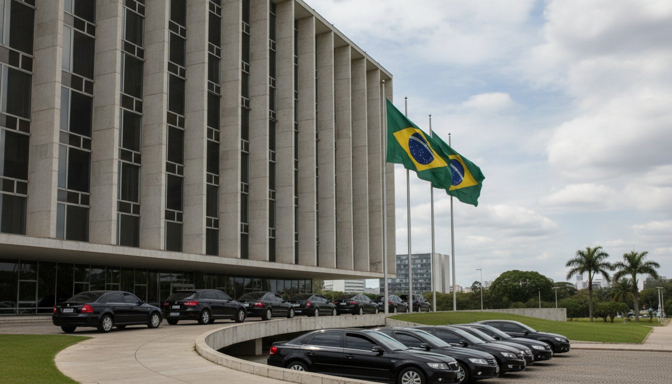 Fachada de prédio governamental em Brasília com bandeiras hasteadas e carros oficiais estacionados na entrada.