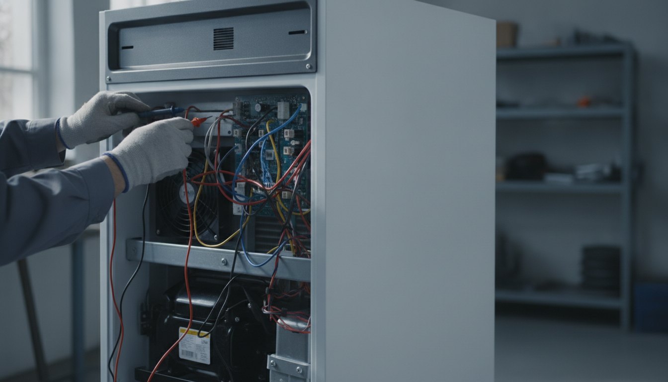Técnico com luvas inspecionando a parte traseira de um refrigerador com um multímetro na mão.