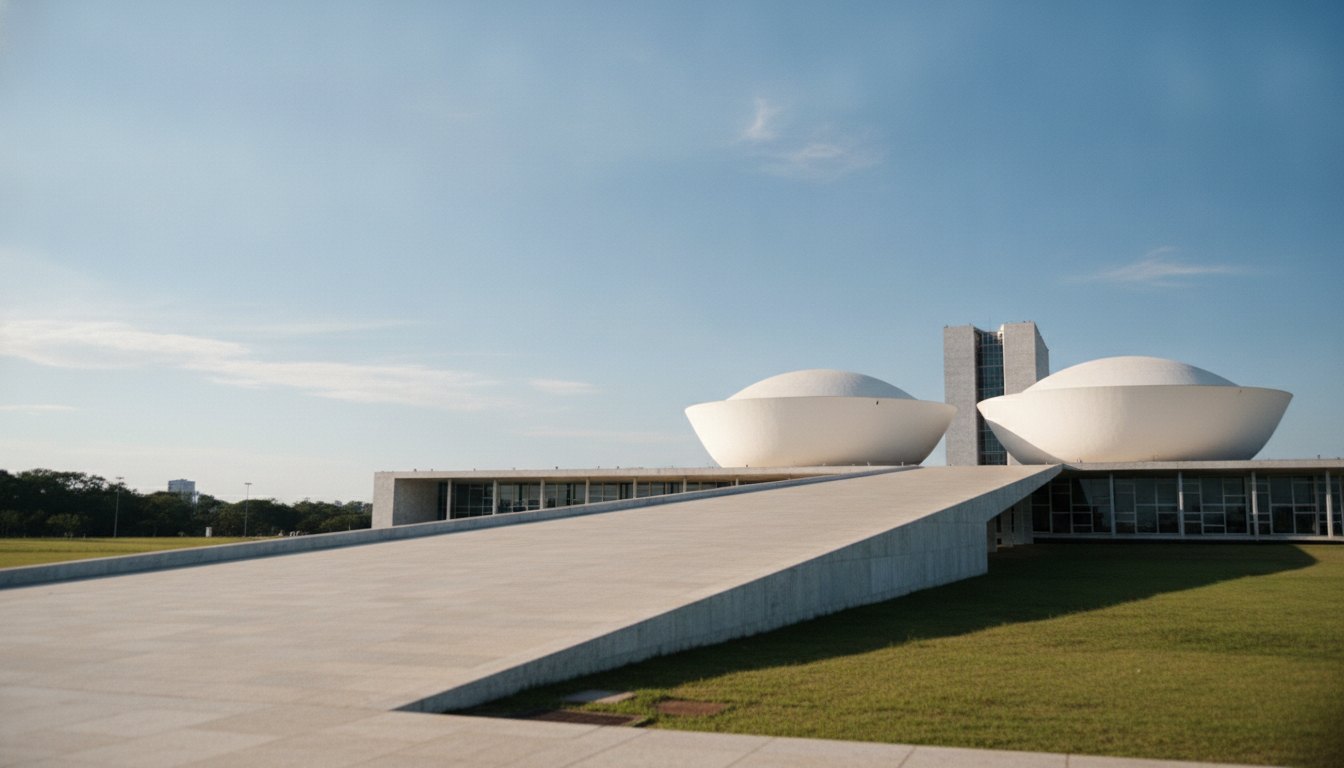 Fachada do Congresso Nacional com pessoas caminhando na rampa sob céu claro.