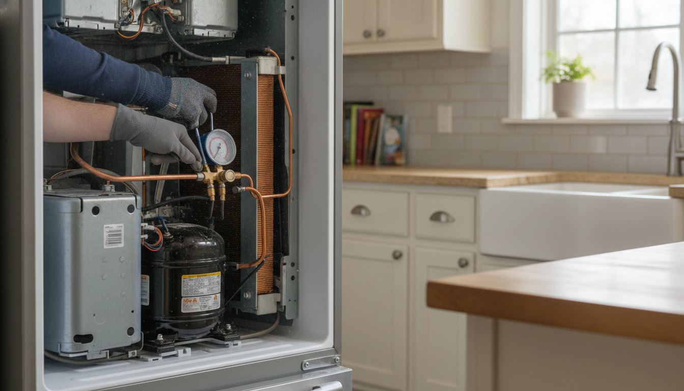 Técnico em refrigeração analisando o motor de uma geladeira aberta na cozinha de uma residência