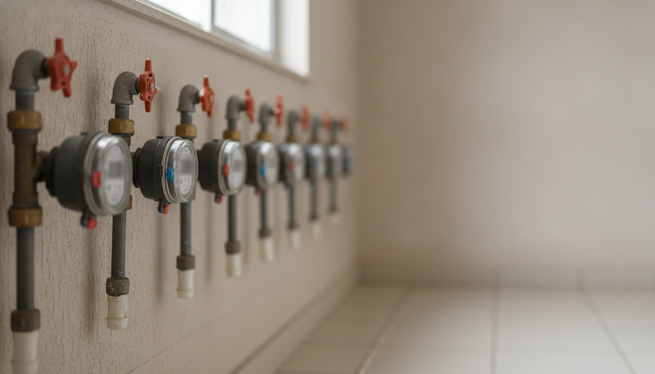Hidrômetros individuais instalados lado a lado na parede de um corredor de prédio residencial.