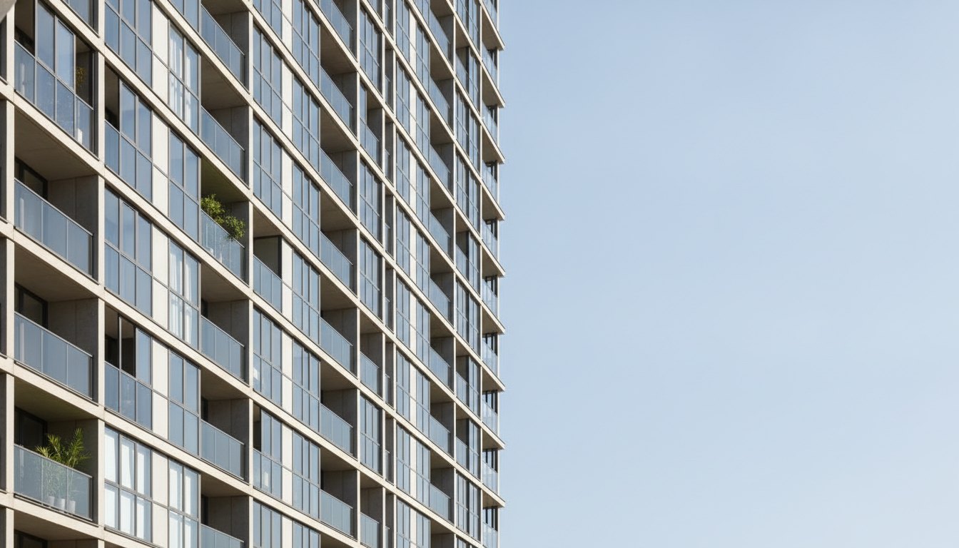 Fachada de prédio residencial vista de baixo para cima com janelas e varandas padronizadas.