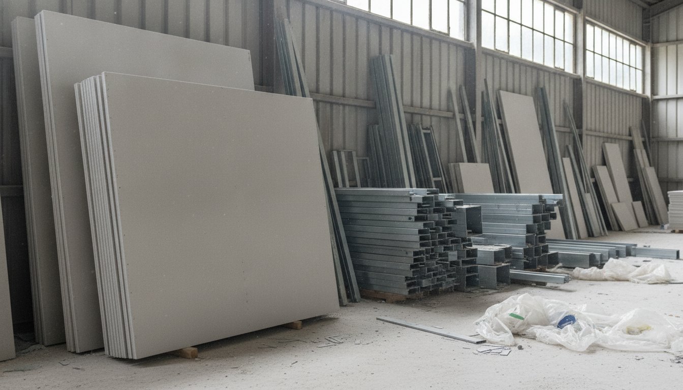 Placas de gesso acartonado empilhadas ao lado de perfis metálicos em um galpão de obra.