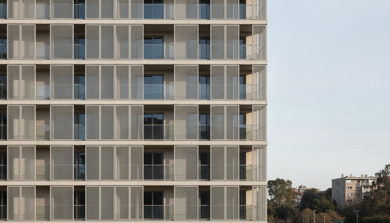 Fachada de um prédio residencial com janelas e varandas teladas sob a luz do dia.