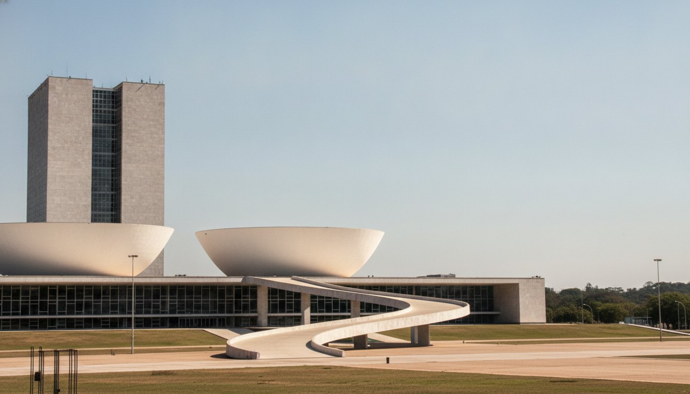 Fachada do Congresso Nacional com pessoas caminhando na rampa sob céu claro durante o dia.
