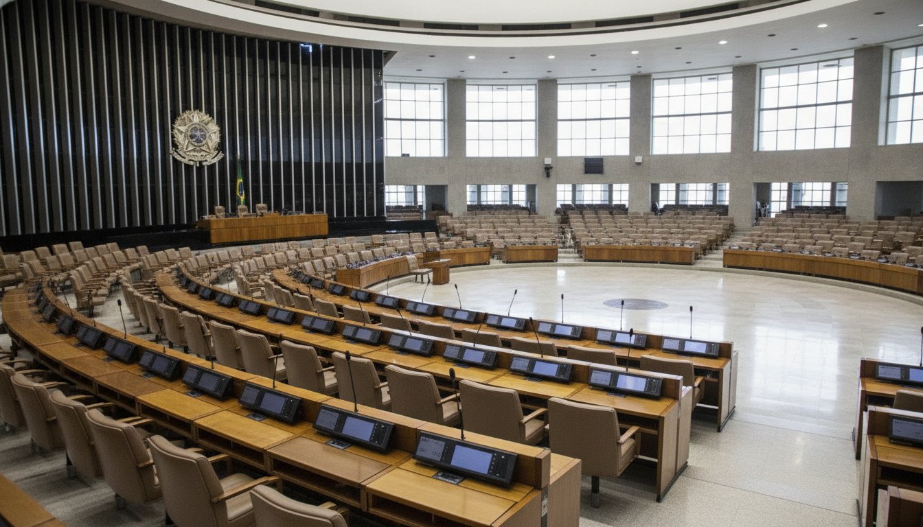Plenário do Congresso Nacional com parlamentares debatendo projetos de lei nos microfones das bancadas.