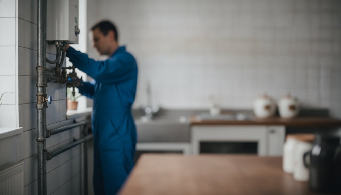 Técnico com uniforme azul inspeciona tubulação metálica de gás em uma cozinha residencial.