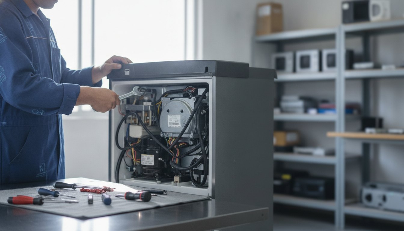 Técnico com uniforme e ferramentas ajusta o motor na parte traseira de um refrigerador doméstico.