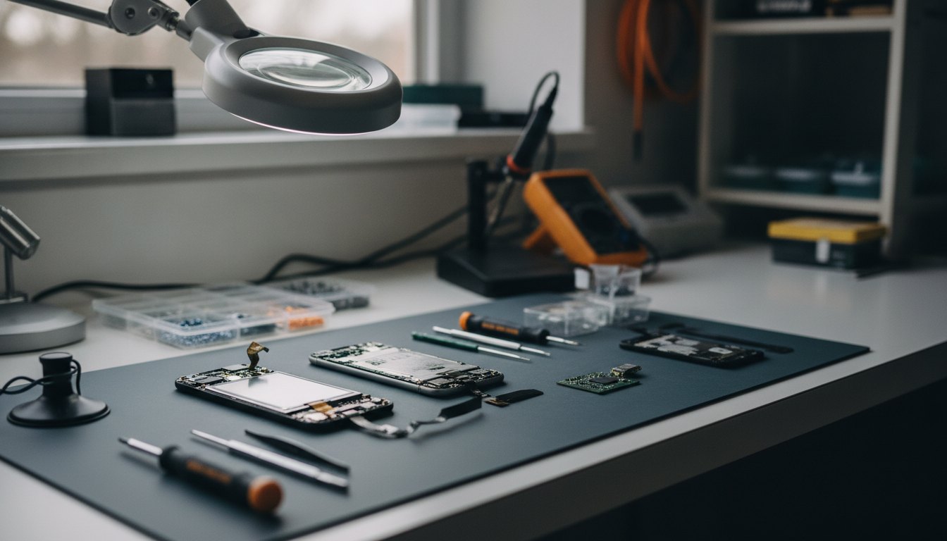 Bancada de trabalho com ferramentas de precisão e um smartphone desmontado aguardando reparo técnico.