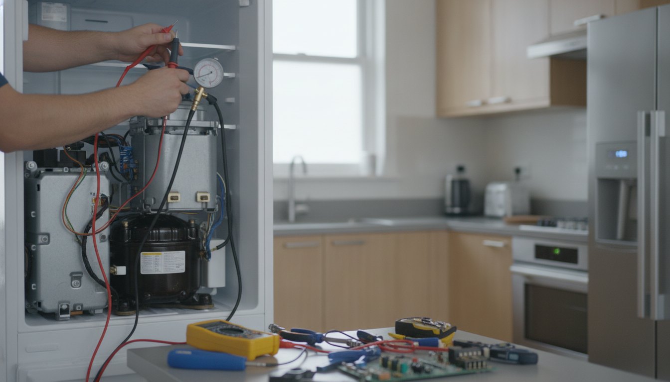 Técnico avaliando o motor de uma geladeira com ferramentas de medição em uma cozinha