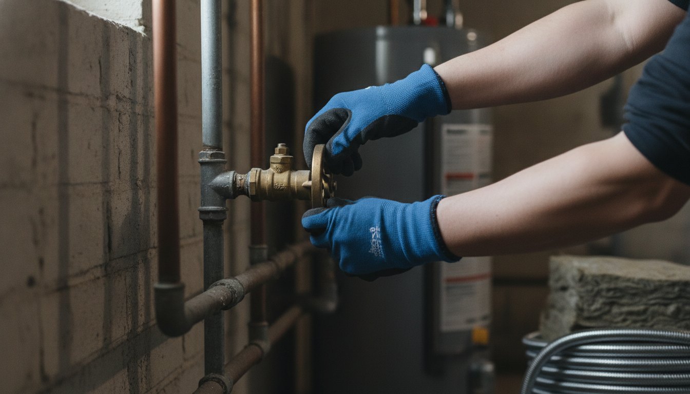 Profissional com luvas ajustando uma válvula de metal em uma tubulação residencial.