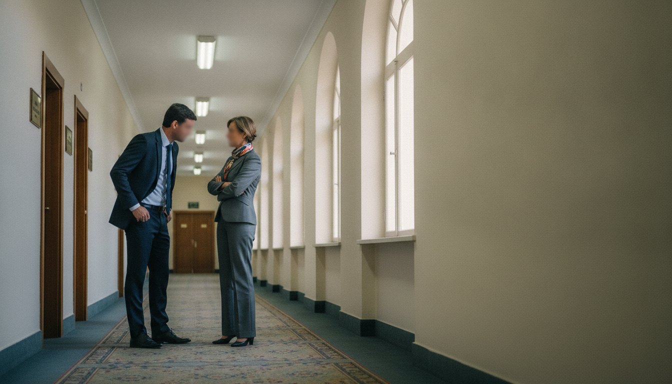 Homem e mulher engravatados conversam de forma tensa em um corredor de repartição pública.