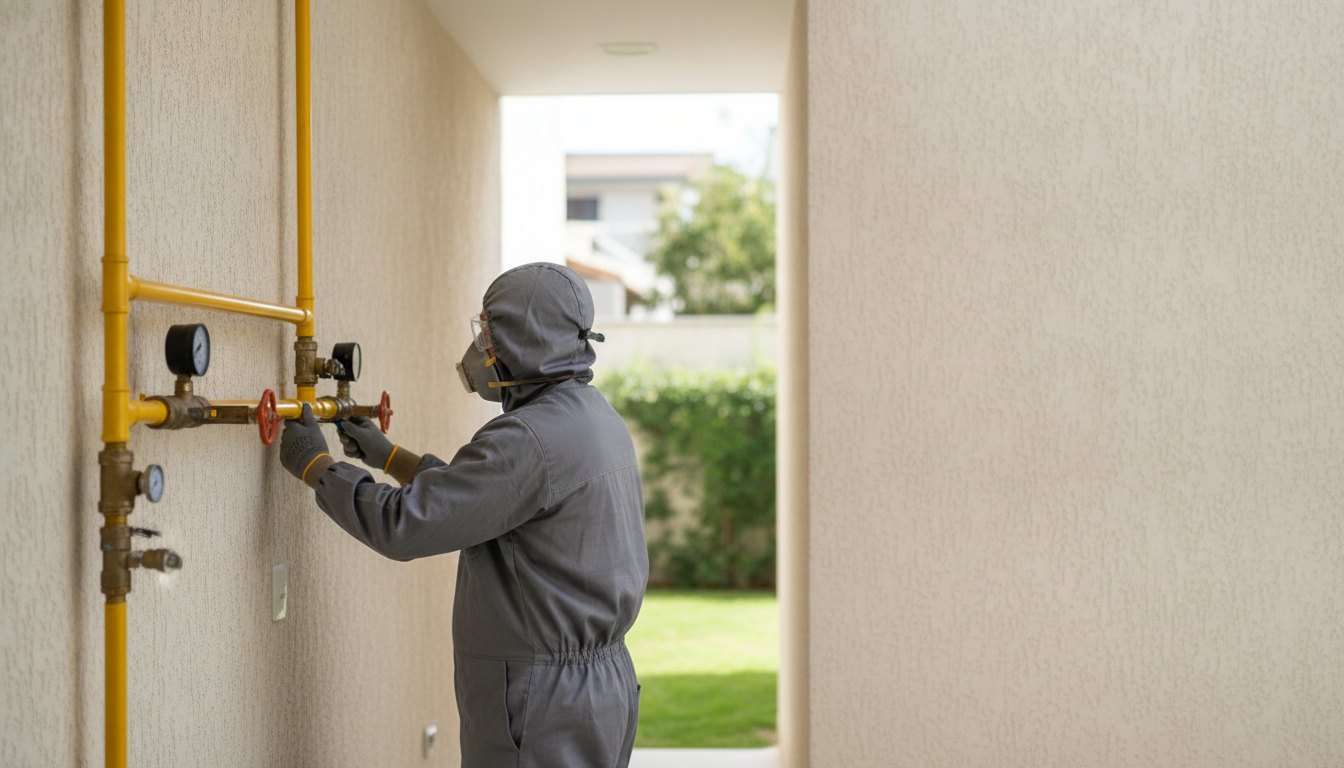 Técnico com uniforme de proteção inspecionando uma tubulação amarela de gás em uma parede residencial.