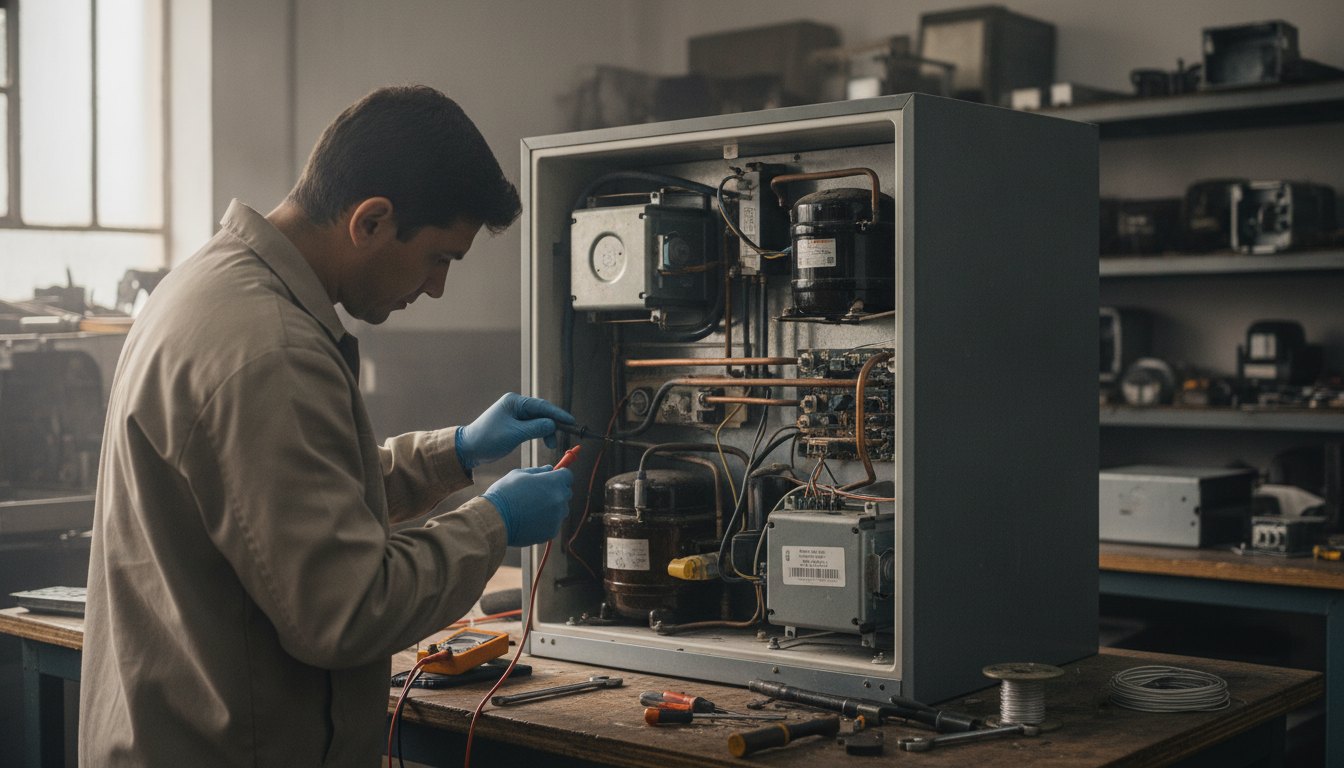 Técnico com luvas analisando o motor de uma geladeira aberta em uma oficina de reparos.