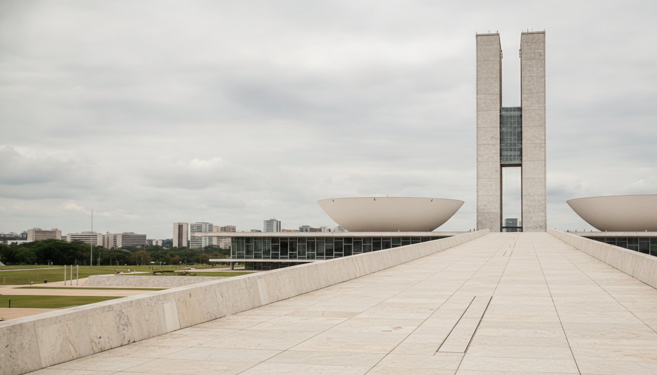 Fachada do Congresso Nacional com pessoas caminhando na rampa em um dia nublado.