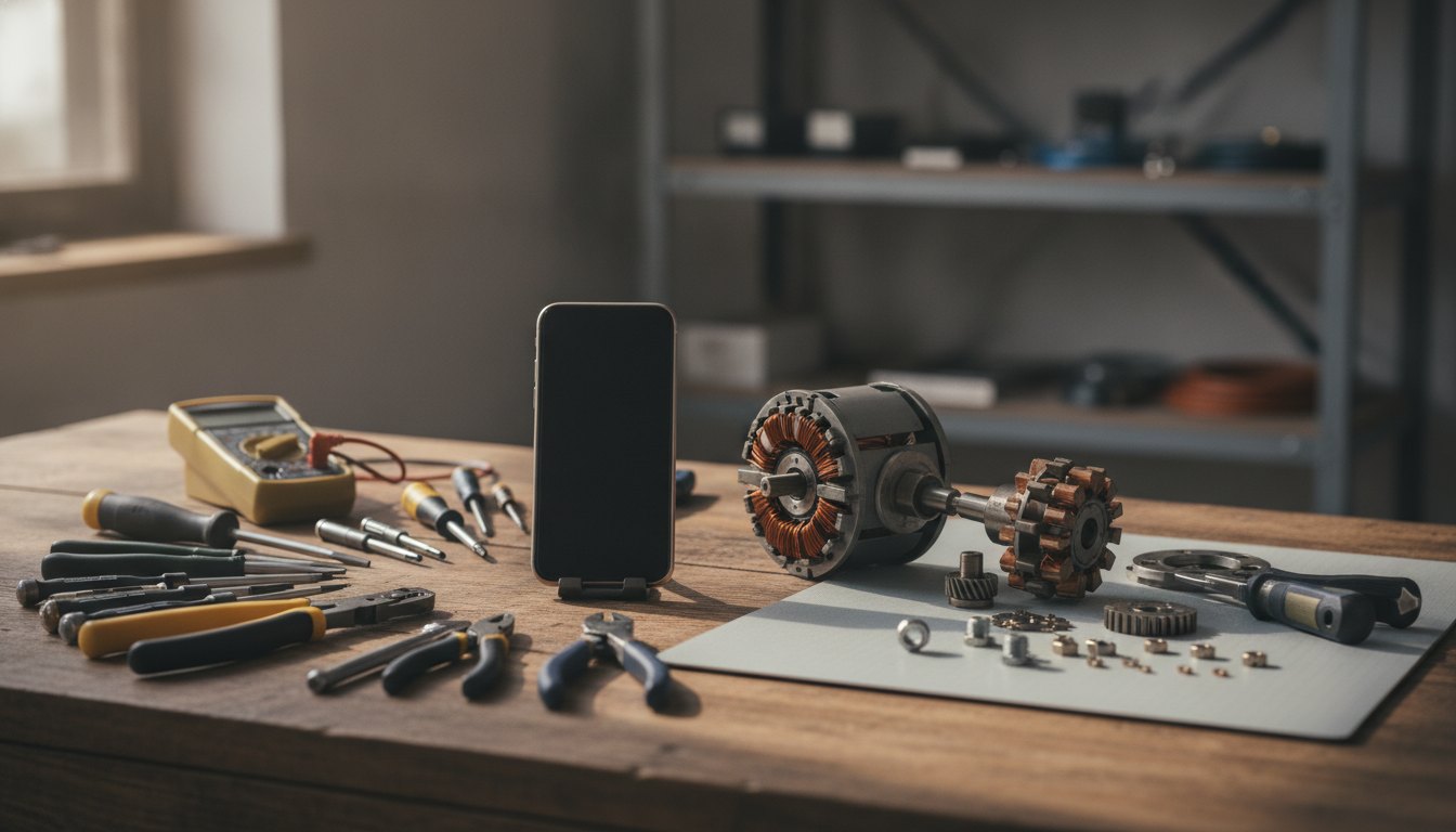 Bancada de trabalho com ferramentas abertas ao lado de um smartphone e um motor elétrico desmontado.