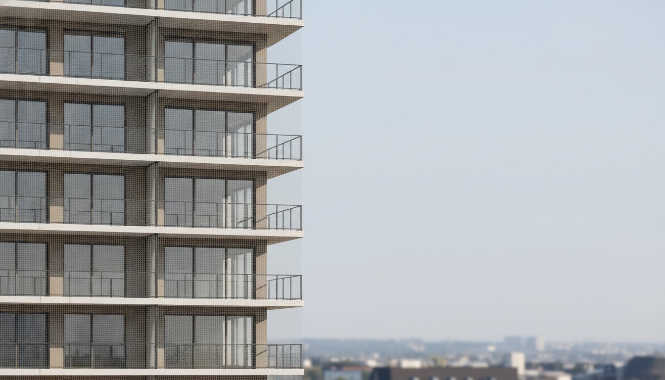 Fachada de edifício residencial com janelas e varandas revestidas por malhas transparentes contra quedas de altura.