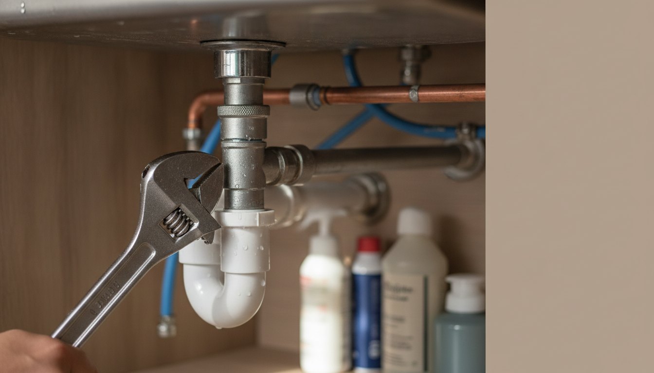Profissional utilizando chave de grifo para ajustar tubulação de água sob uma pia de cozinha.