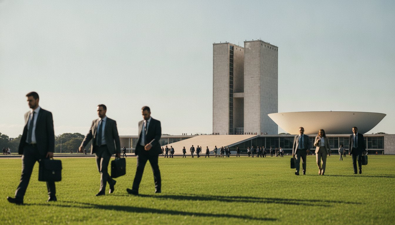 Fachada do Congresso Nacional com pessoas caminhando no gramado em um dia ensolarado.