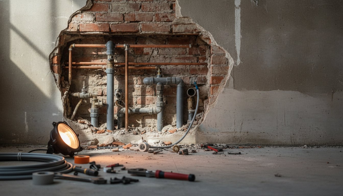 Parede de alvenaria parcialmente aberta revelando tubulações de água e ferramentas de reparo ao redor.
