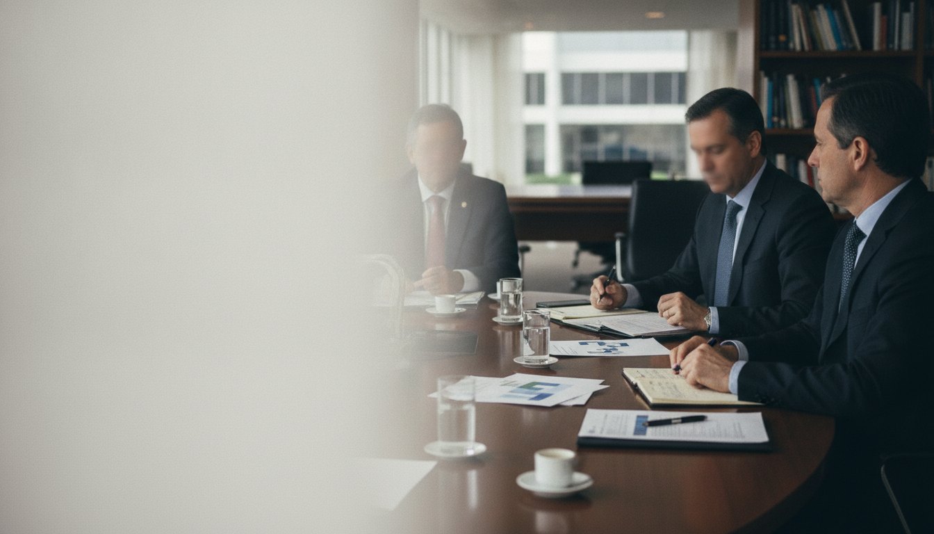 homens engravatados conversando ao redor de uma mesa de reuniões com papéis e canetas