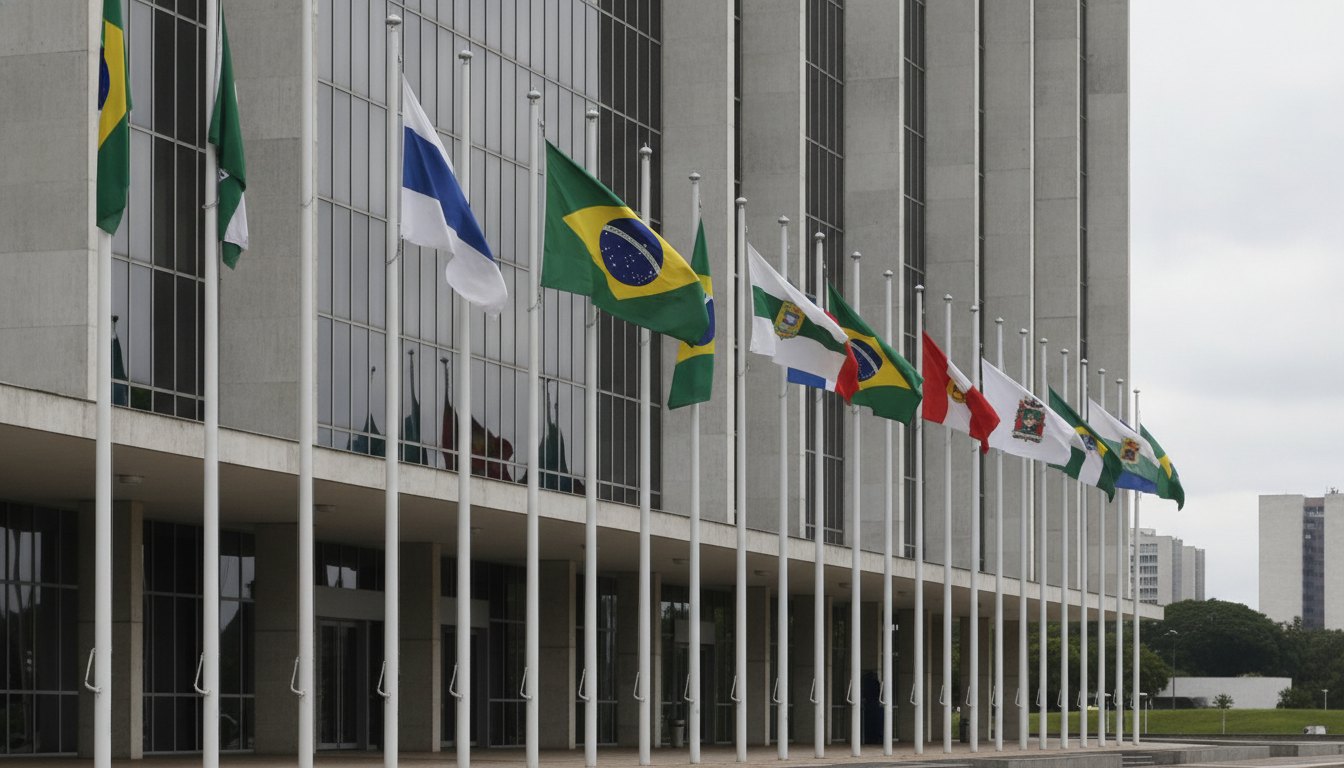 Fachada de prédio comercial em Brasília com bandeiras de estados brasileiros hasteadas na entrada.