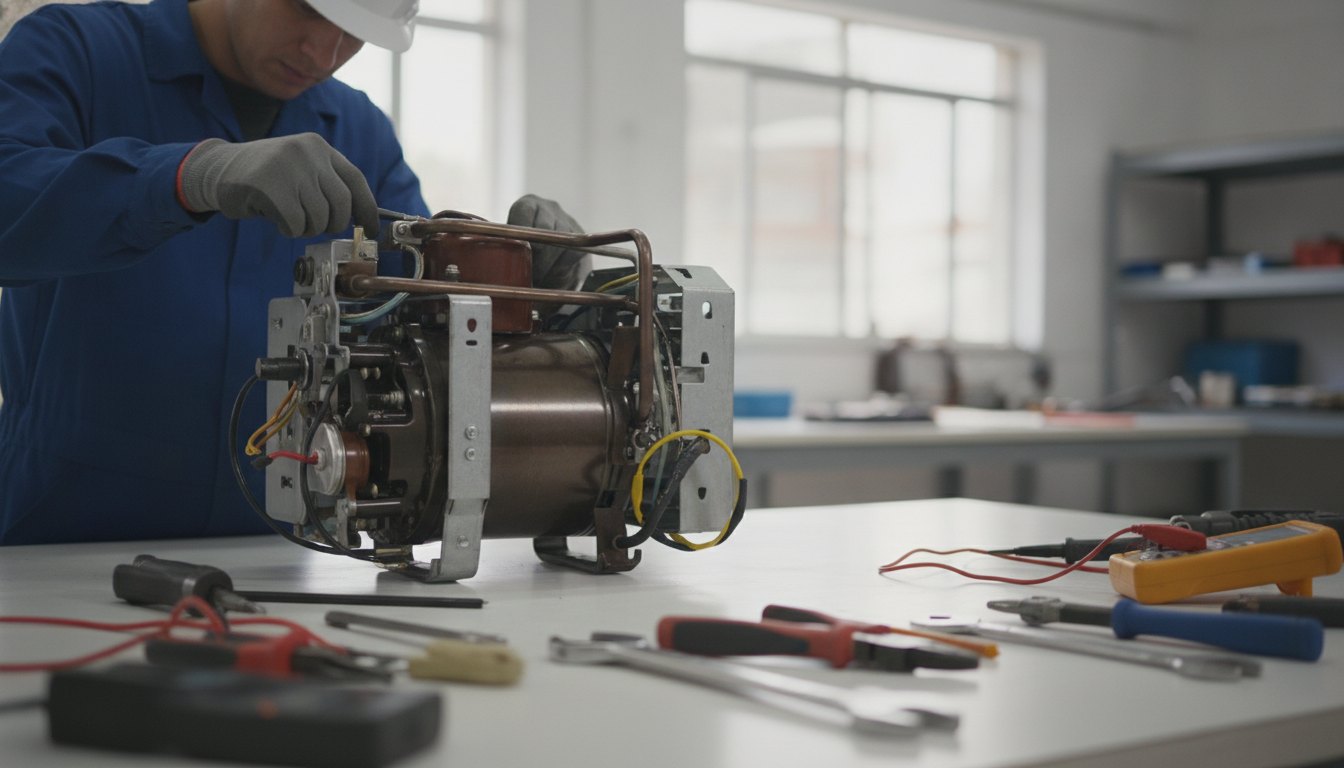 Técnico com uniforme de trabalho consertando o motor de uma geladeira em uma oficina iluminada.
