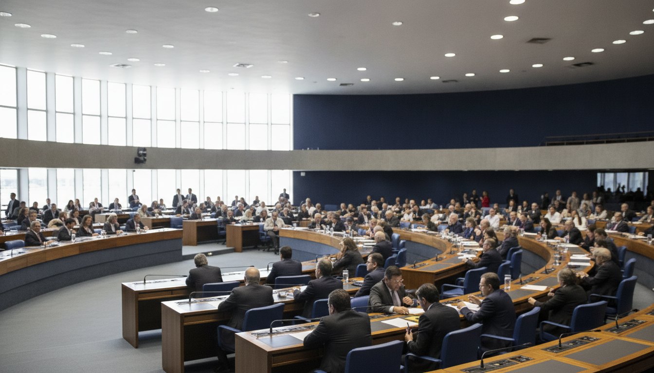Plenário iluminado com diversos parlamentares sentados e conversando em pequenos grupos durante sessão legislativa.