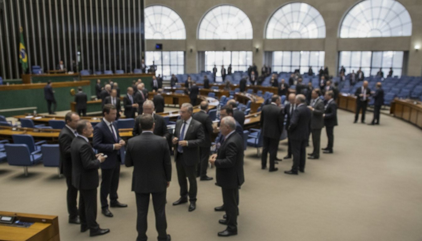 Plenário do Congresso Nacional com parlamentares reunidos em pequenos grupos durante uma sessão de votação.