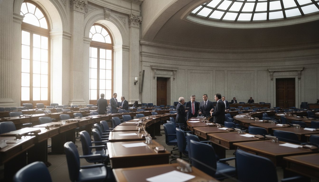 Plenário com parlamentares conversando em pequenos grupos entre as fileiras de mesas e cadeiras.