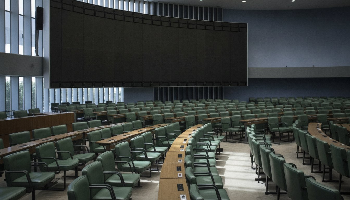 Plenário vazio com fileiras de poltronas verdes e grande painel eletrônico de votação apagado ao fundo.