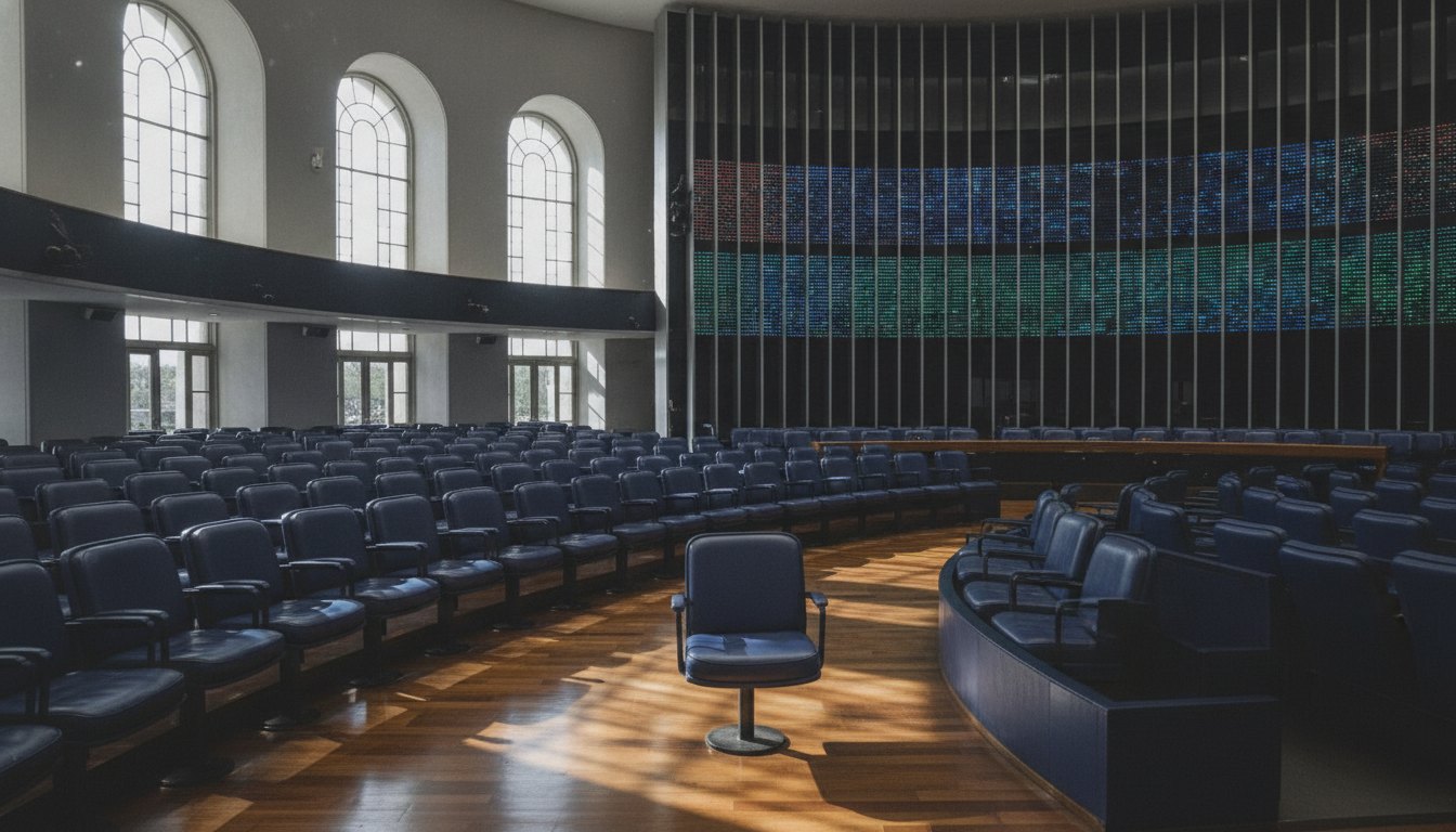 Plenário iluminado com painel de votação eletrônico ao fundo e parlamentares sentados em poltronas.