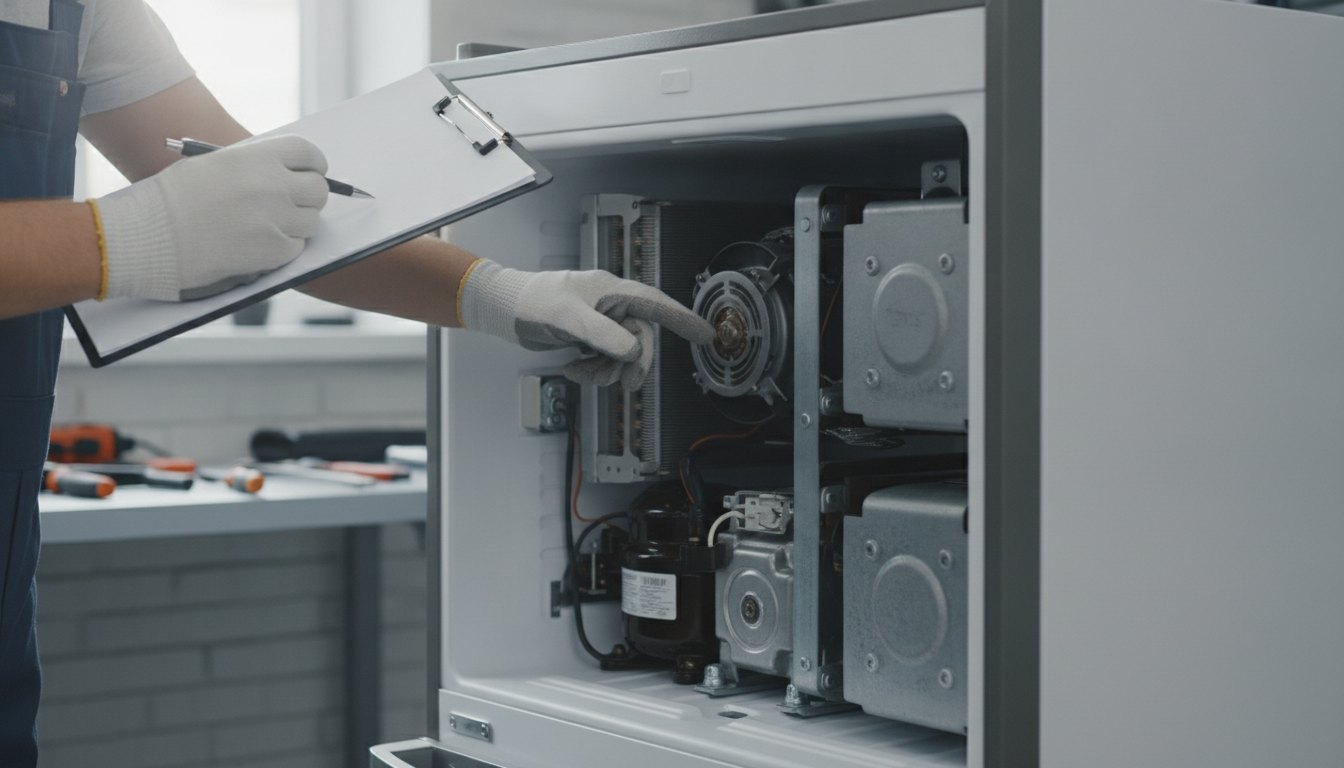 Técnico inspeciona o motor de uma geladeira enquanto faz anotações detalhadas em uma prancheta.