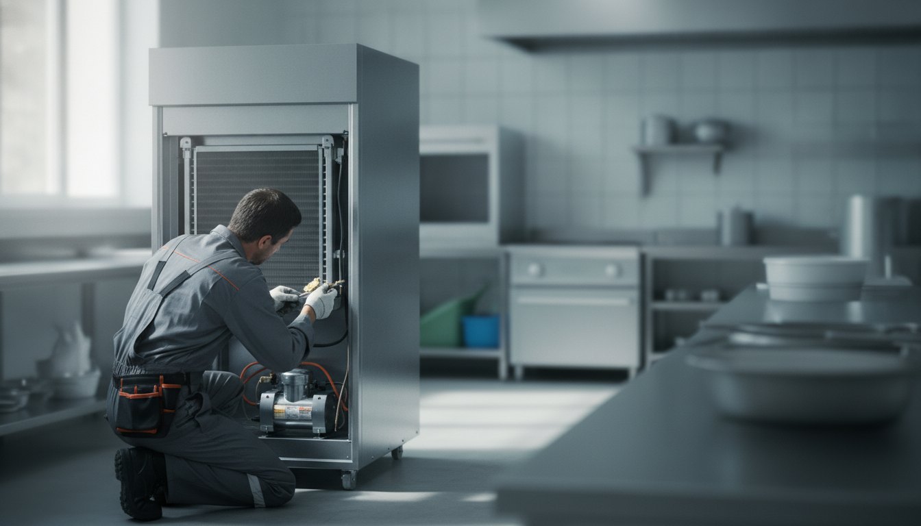 Homem com uniforme de trabalho examinando a parte traseira de um refrigerador em uma cozinha.