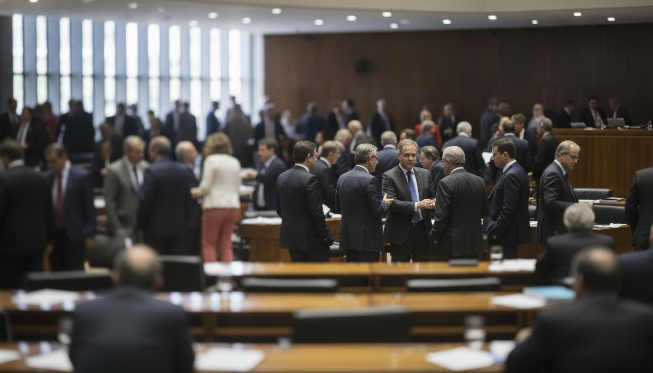 Plenário lotado com parlamentares e prefeitos conversando em pequenos grupos durante sessão no Congresso.