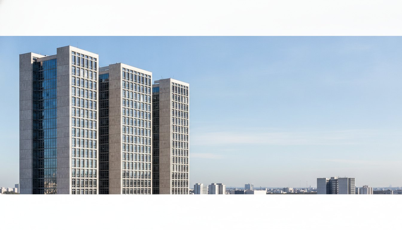 Fachada dos prédios dos ministérios em Brasília com céu claro ao fundo.