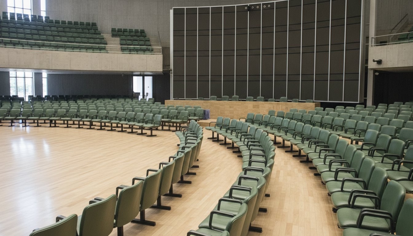 Plenário vazio com cadeiras estofadas verdes e painel eletrônico de votação ao fundo.