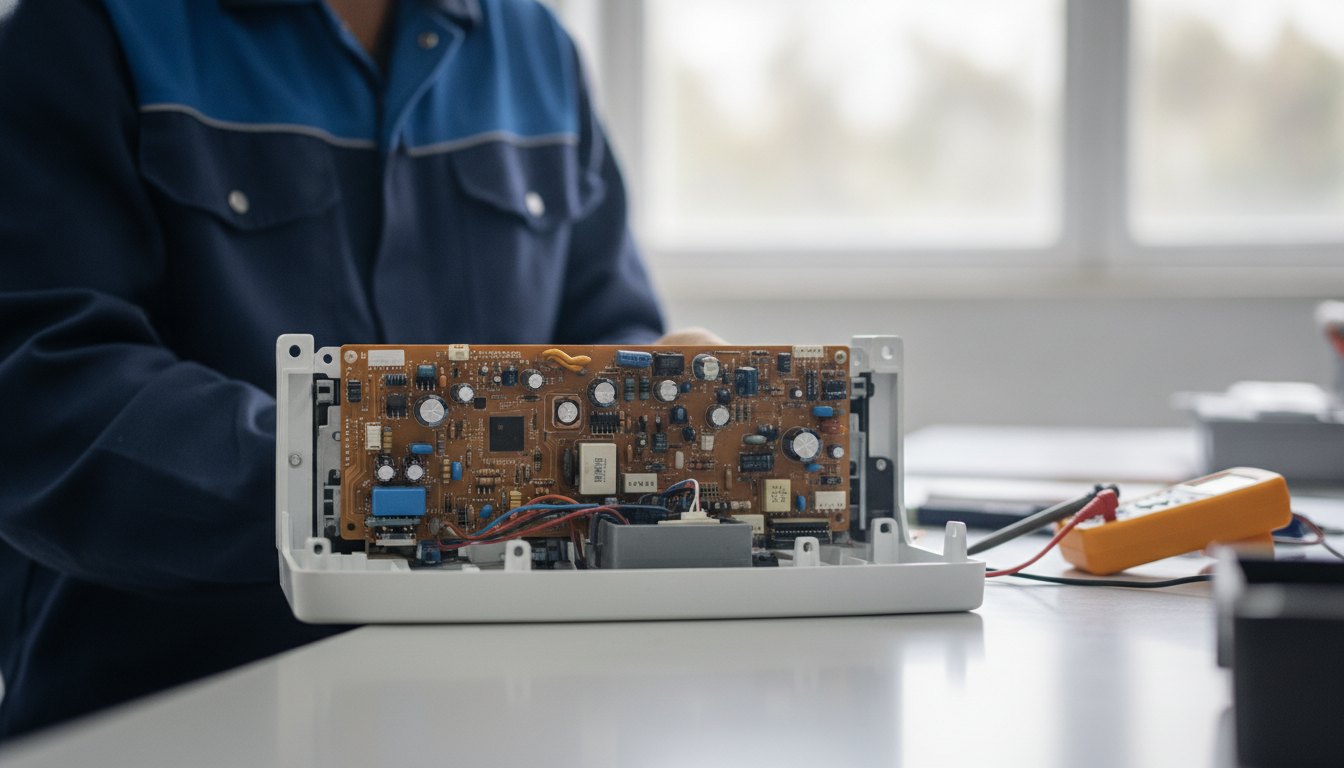 Técnico de uniforme azul analisando os componentes internos da placa eletrônica de uma máquina de lavar.