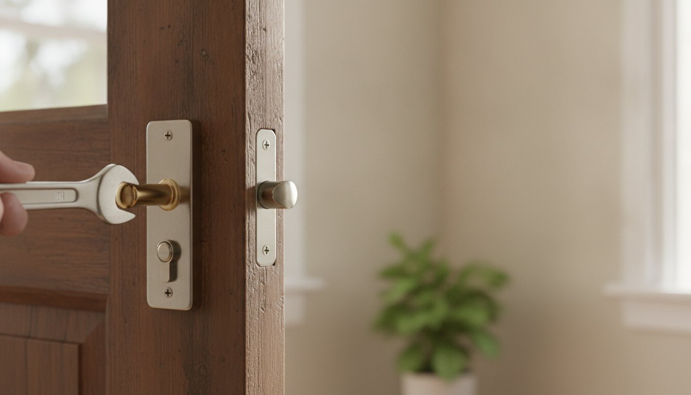 Profissional de manutenção ajustando a fechadura metálica de uma porta de madeira em ambiente residencial.