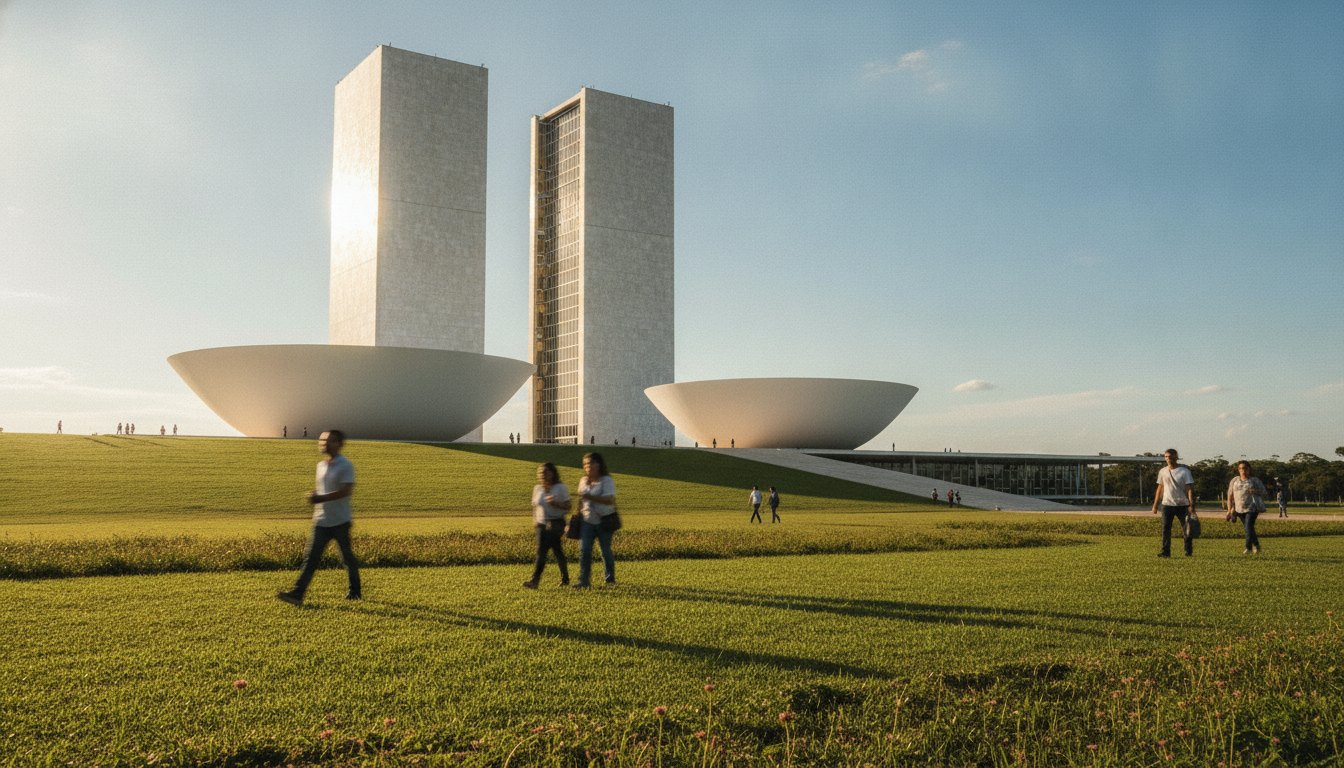 Fachada do Congresso Nacional com pessoas caminhando no gramado em dia ensolarado.