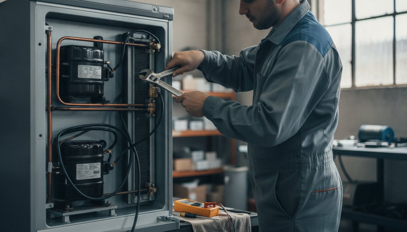 Homem de uniforme utilizando ferramenta manual para ajustar peças na parte traseira de um refrigerador doméstico.