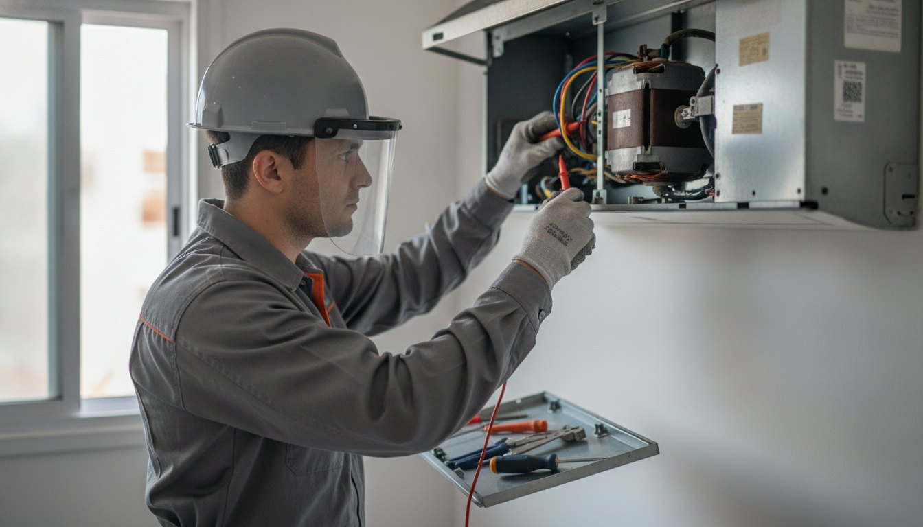 Técnico com uniforme de proteção inspeciona a fiação do motor de um ar-condicionado de parede.